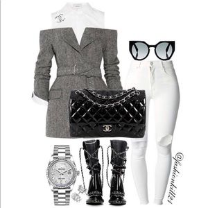 Off shoulders tweed belted blazer dress